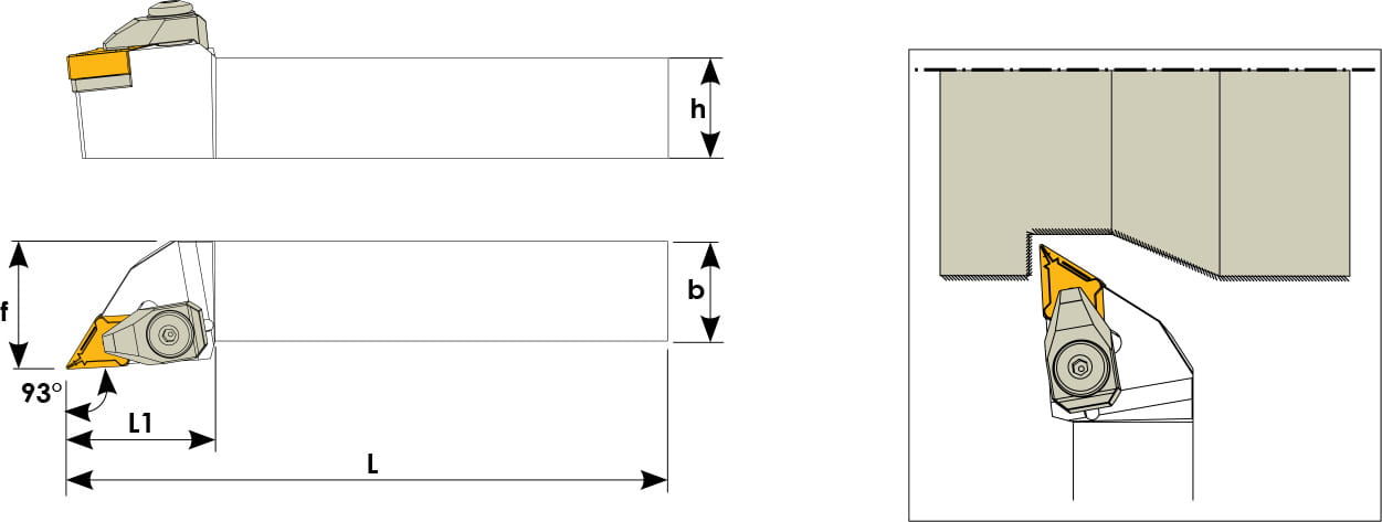 Technische Zeichnung eines Stech-Klemmhalters. Schwarze Linien auf weißem Hintergrund. Die Wendeplatten sind in Gelb angezeigt. Mit Größenangaben. Links befinden sich eine Vorder- und Seitenansicht, links davon ein Benutzungsbeispiel.