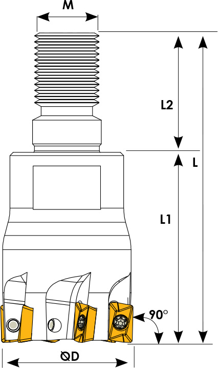 Technische Zeichnung eines Einschraubfräsers. Schwarze Linien auf weißem Hintergrund. Die Wendeplatten sind in Gelb angezeigt. Mit Größenangaben.