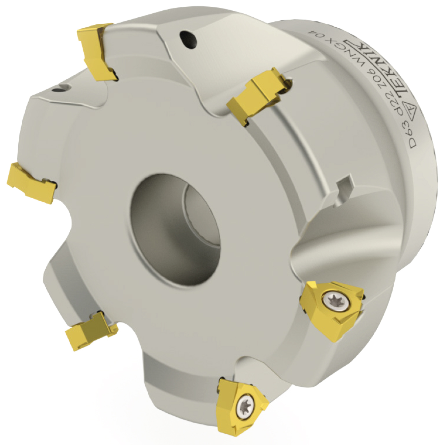 Planmesserkopf auf weißem Hintergrund. Mit sechs Wendeplatten des Typs WNGX. Auf der Aufnahme des Werkzeugs befinden sich das Logo des Herstellers Teknik Makina und der Artikelcode.