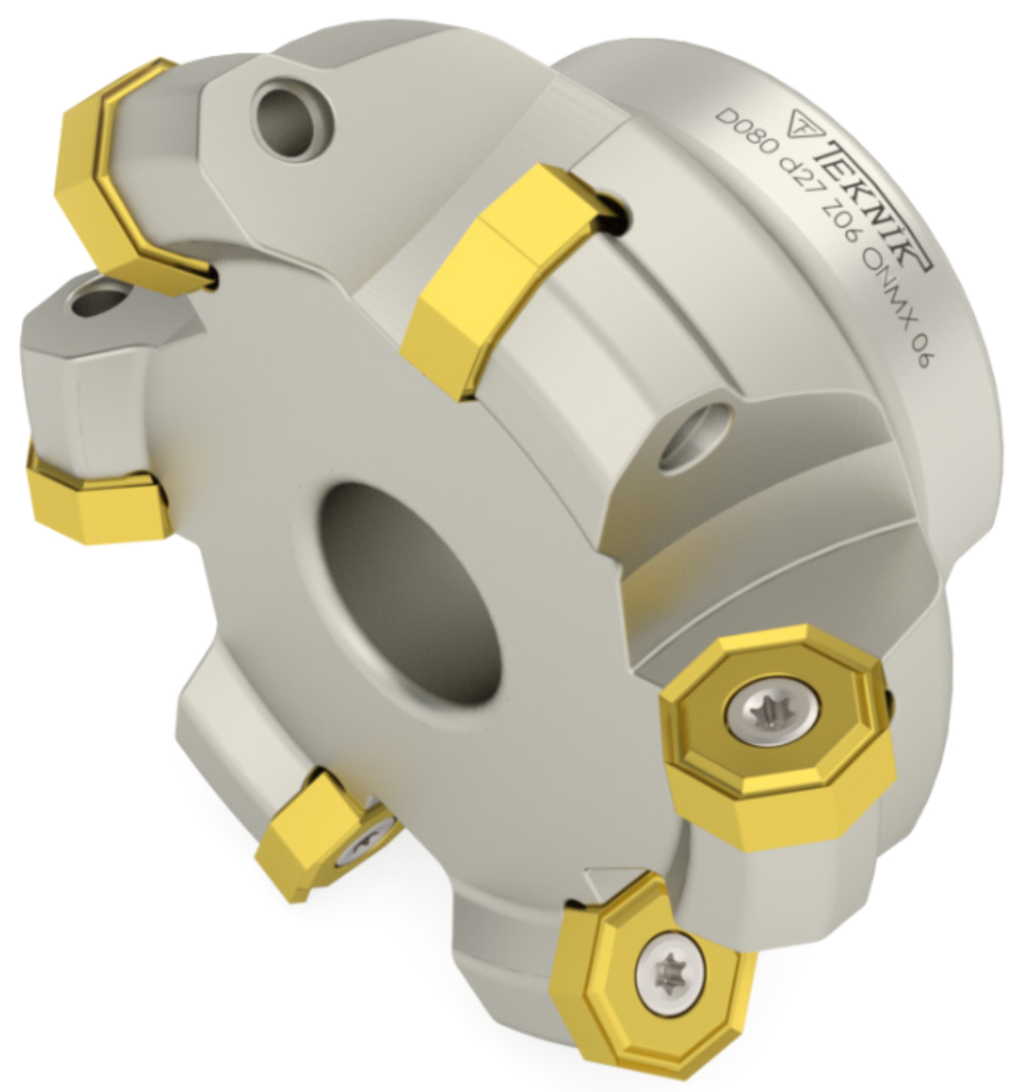 Planmesserkopf auf weißem Hintergrund. Mit sieben Wendeplatten des Typs ONMX. Auf der Aufnahme des Werkzeugs befinden sich das Logo des Herstellers Teknik Makina und der Artikelcode.