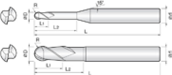 Technische Zeichnung von zwei Schaftfräser. Seitenansicht, daneben befindet sich zwei Vorderansichten. Neben den Zeichnungen befinden sich Linien und Buchstaben für die Größenangaben.