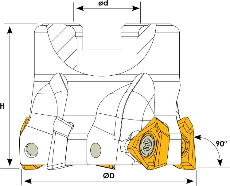 Technische Zeichnung eines Eckmesserkopfes. Schwarze Linien auf weißem Hintergrund. Die Wendeplatten sind in Gelb angezeigt. Mit Größenangaben.