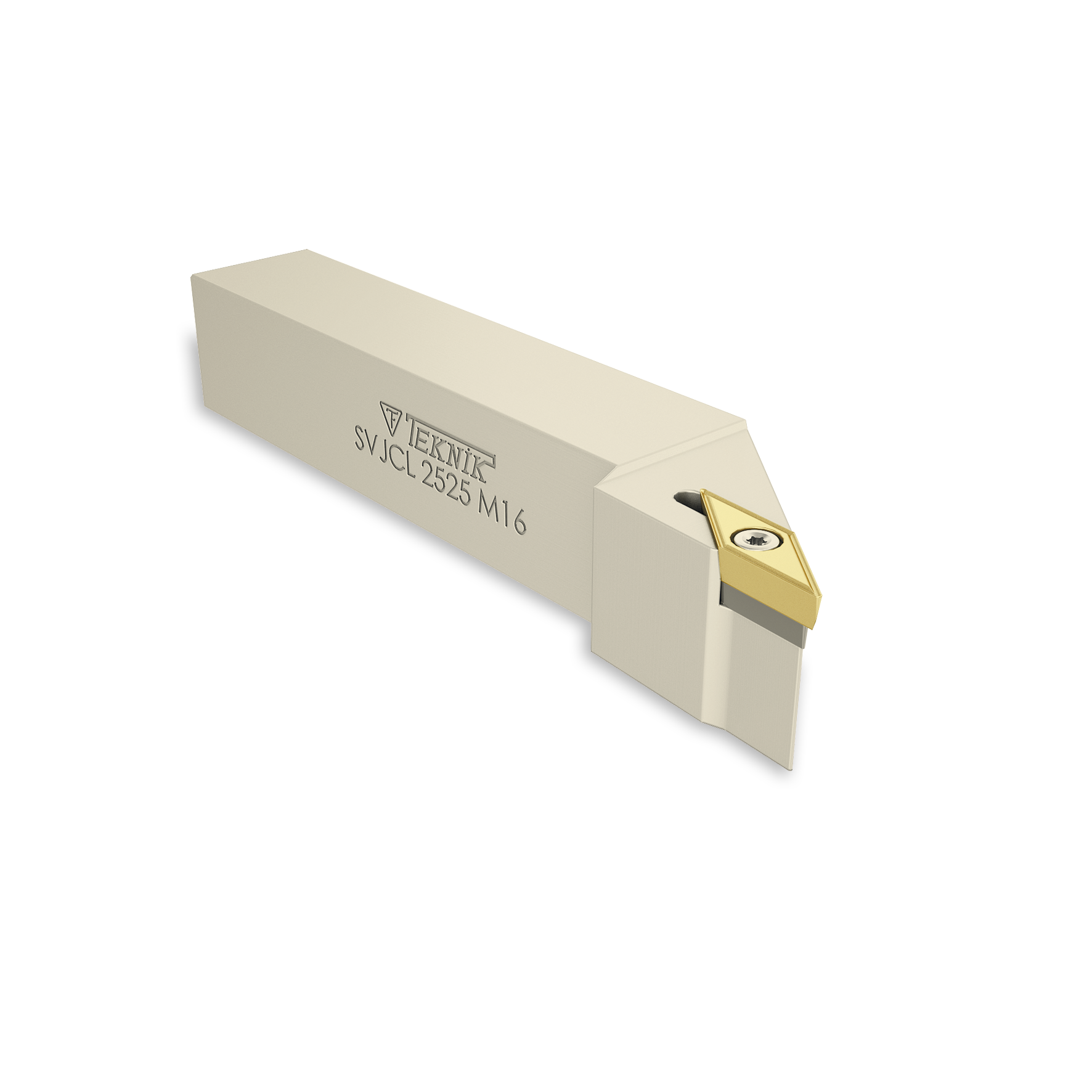 Klemmhalter SVJC auf weißem Hintergrund. Mit einer Wendeplatte des Typs VCMT. Auf der Seite des Werkzeugs befinden sich das Logo des Herstellers und der Artikelcode.